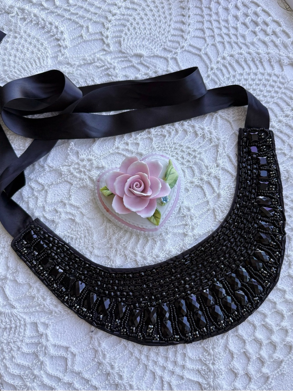 Vintage Black Beaded Crystal Bib Statement Collar Necklace Whimsygoth
